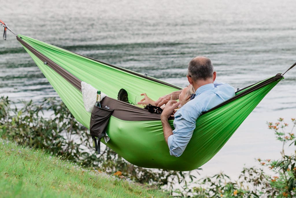 Couple enjoys quiet time at their elopement before rejoining family.