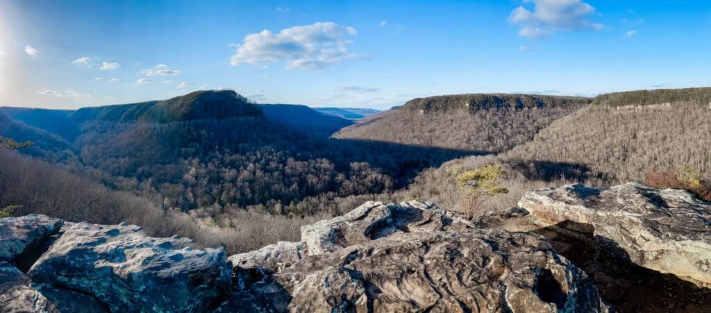 A sweeping view of the bluff line and the big drop into the valley at a hidden spot in a Tennessee State Park perfect for an elopement