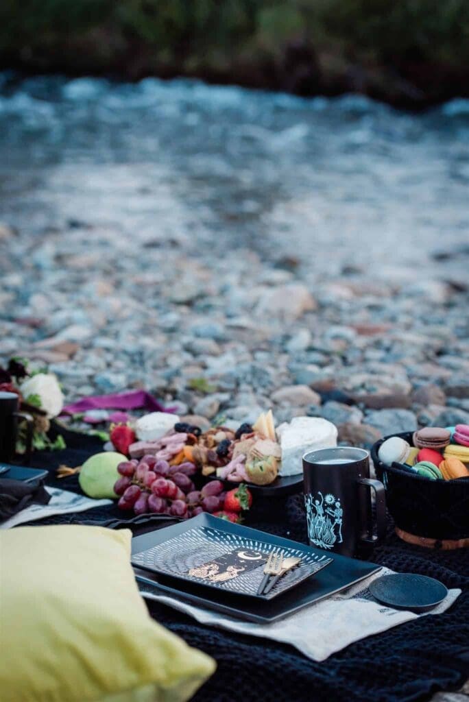 Near the Creek in Hatcher Pass, Alaska, a luxury styled picnic awaits the couple after their vows as they elope in Alaska.