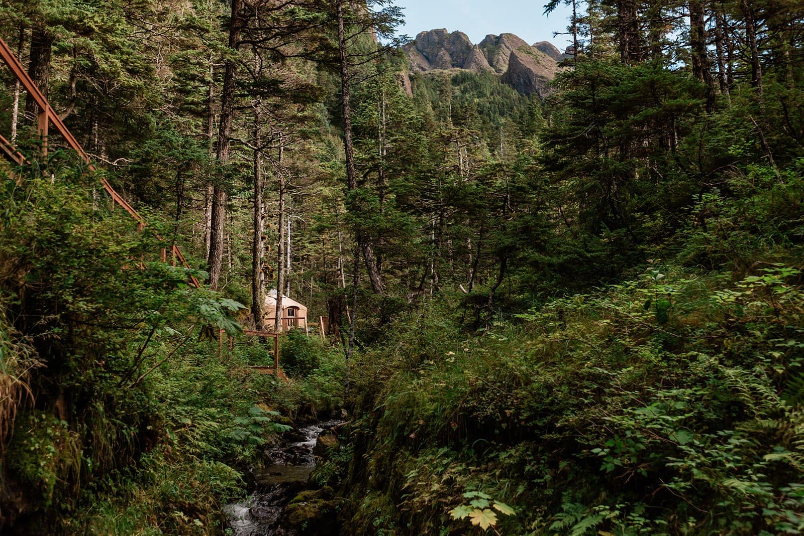 Adventure luxe elopement glamping at Kenai Fjords National Park area near Seward Alaska. The mountains loom huge, and lush green behind the tiny yurt in the distance as the couple approached by boat.