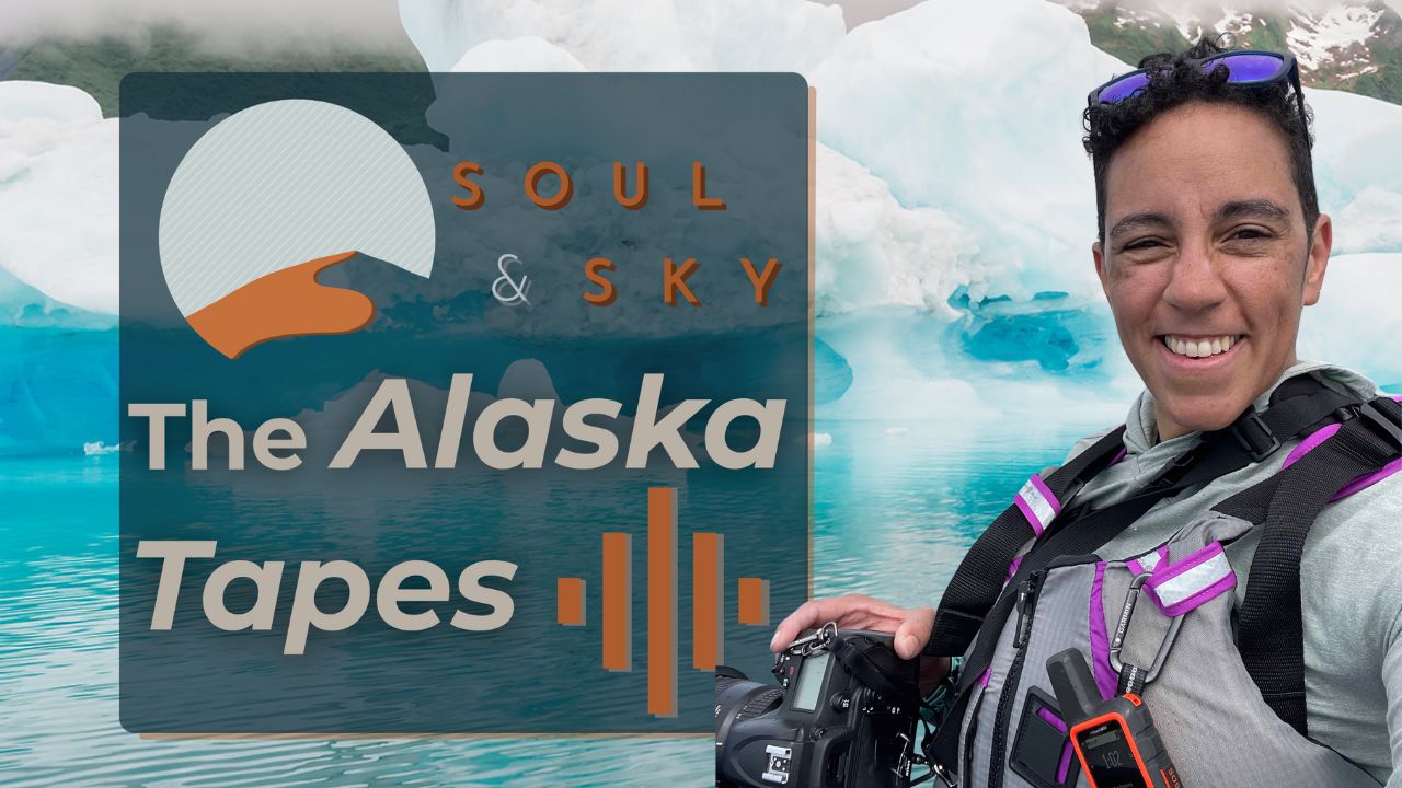 The Alaska Tapes by Kate Okenatez-Mahoney of Soul & Sky Weddings podcast logo.