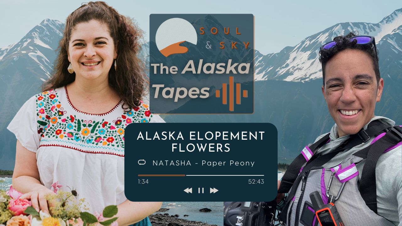 Alaska Tapes "Alaska Elopement Flowers" episode cover icon with Natasha from Paper Peony holding flowers and Kate from Soul & Sky holding a camera over a background of moutains