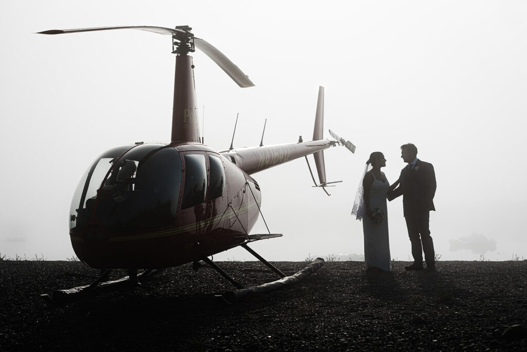 This is a picture of an Alaskan helicopter that carried a bride and groom to their elopement.