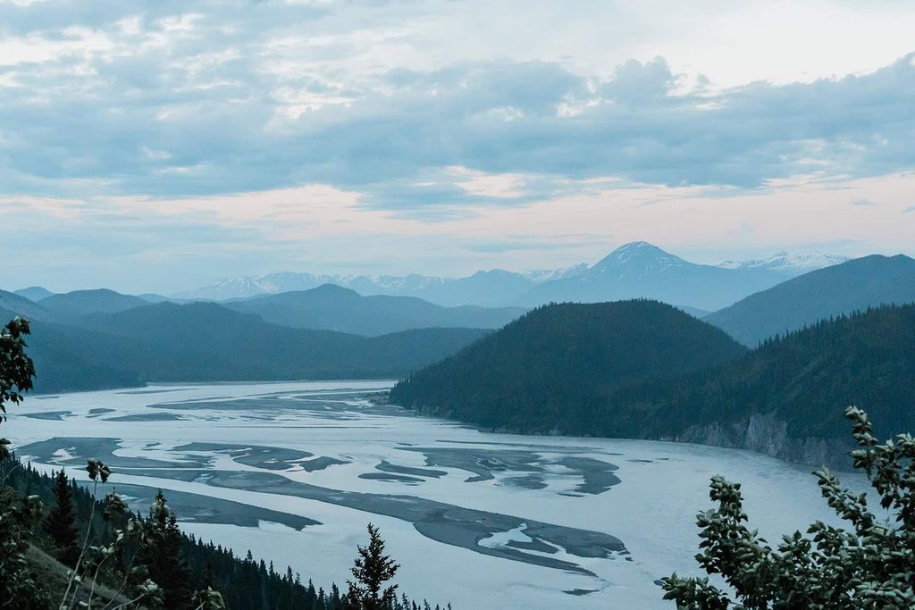 Views of Wrangell St. Elias National Park from McCarthy Road while driving there by jeep to elope on Root Glacier.